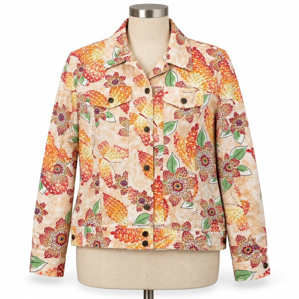 Alfred Dunner Petite 14P Butterfly Floral Jacket Cotton Cottagecore Button Front